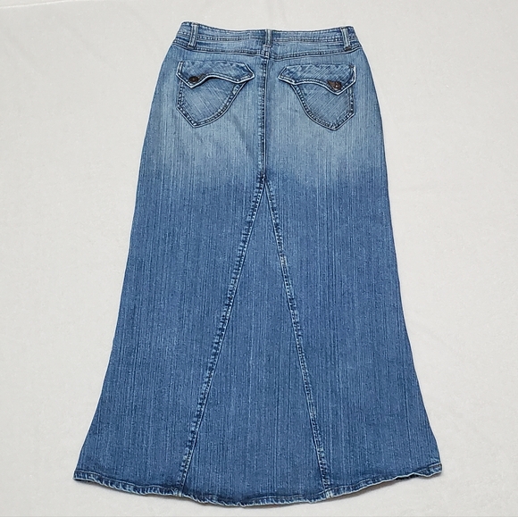 Vintage 90s LEI Ashley Low Rise Paneled Mid Wash Stretchy Denim Maxi Skirt 4 - Picture 7 of 12